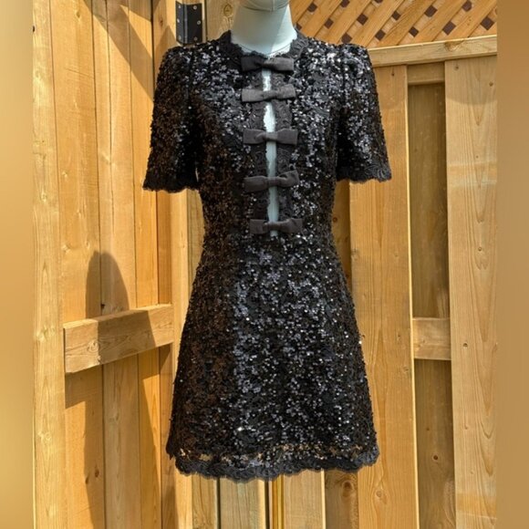 🆕 REBECCA VALLANCE 🧿 NWOT x Nicky Hilton Diana Black Bow Sequin Mini, Sz US 2 - Picture 3 of 16